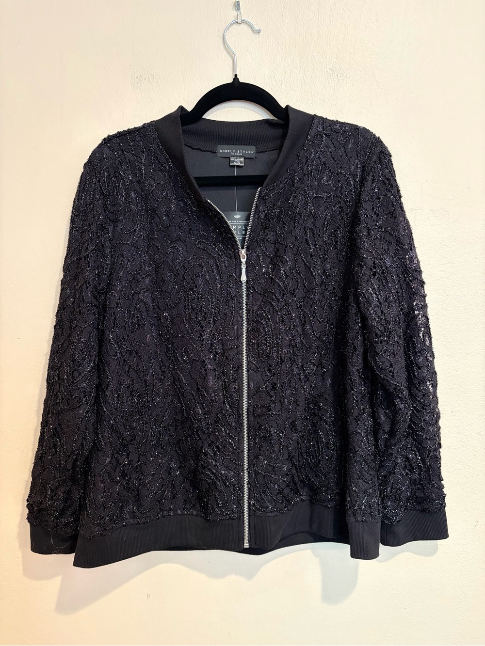 Vintage Sears Black Sparkly Bomber Jacket, Zipper Front, size XL NWT